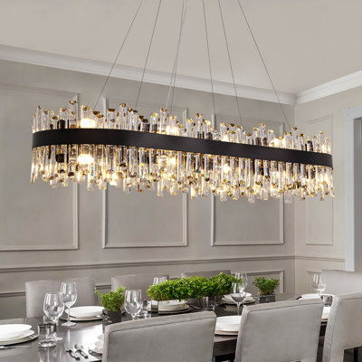 Kacy 20-Light Dimmable Modern Matte Black Rectangle Chandelier with Crystal Accents for Kitchen Island Dining Room