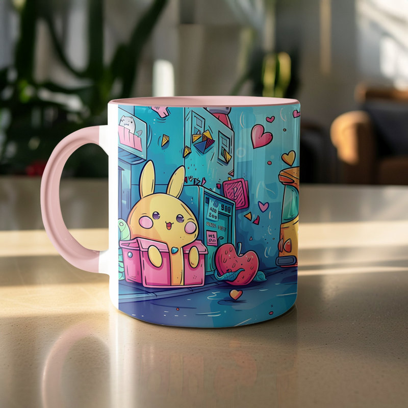 Kids Drawing Style 11oz Accent Mugs – Ceramic Coffee Cup with a Pink Handle and Interior
