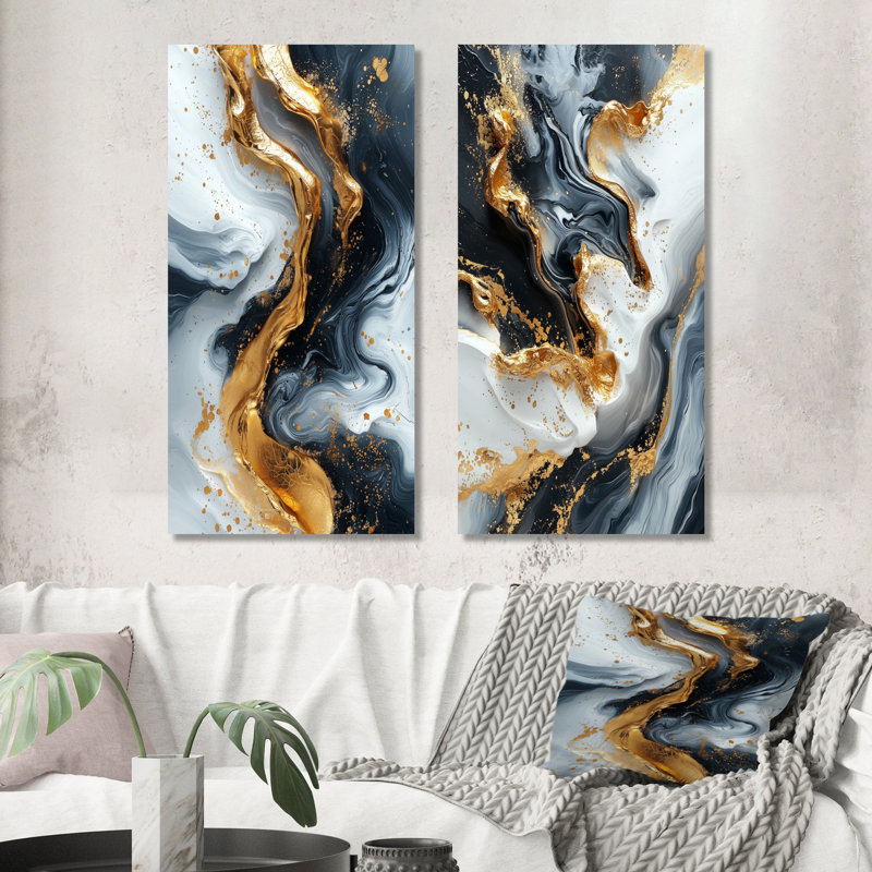 Abstrait géométrique en forme de marbre doré et noir II - ensemble d'art mural moderne surdimensionné en bleu - imprimé sur métal