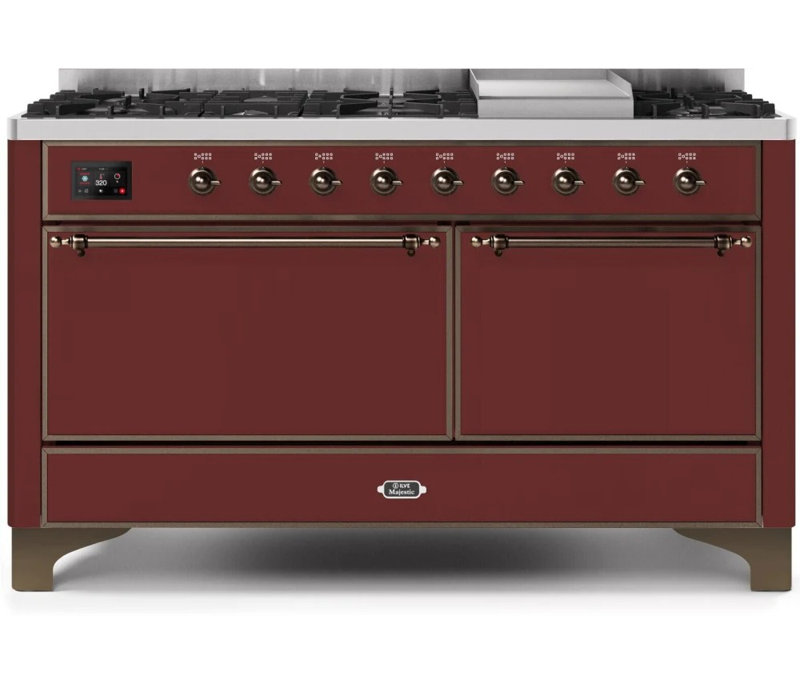 ILVE UM15FDQNS3BKCLP Majestic II 60 inch Dual Fuel Range with 9 Burners, Griddle (Liquid Propane, Solid Door, Glossy Black, Chrome)
