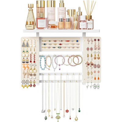 Jewelry Organizer Hanging Wall Mounted Jewelry Holder, 5-in-1 Large Capacity Necklace Organizer Display for Ring, Necklaces, Bracelets, Earrings, White
