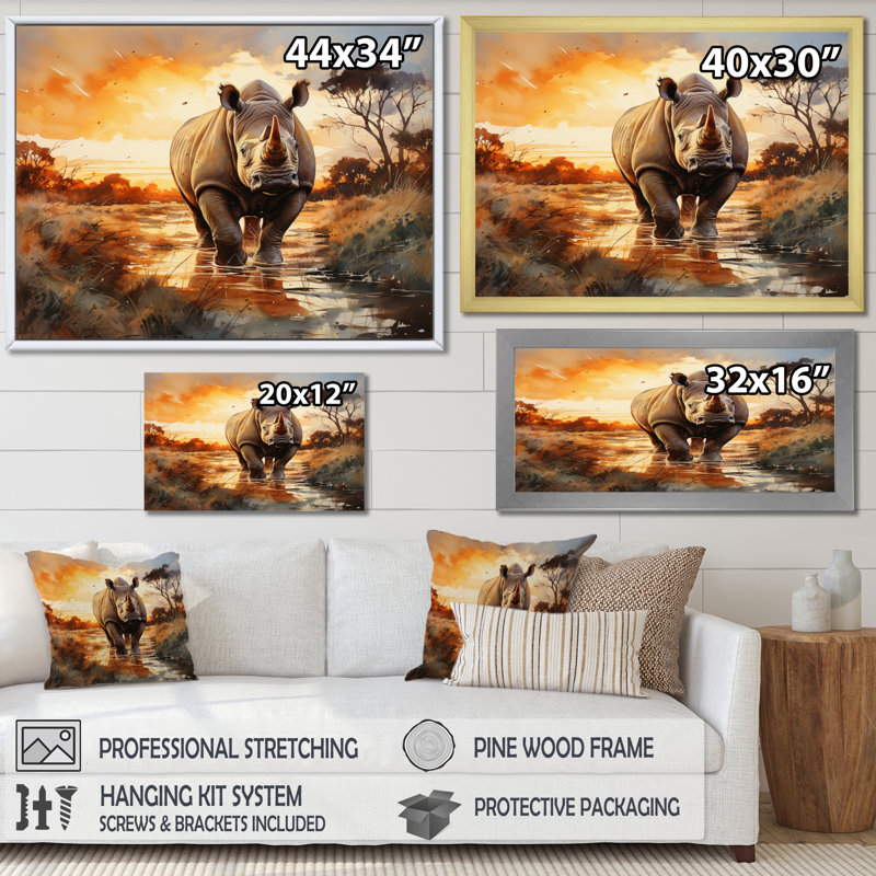 Rhinocéros «A Vast Sunset» - impression, H 30 po x l 40 po x P 1,5 po, Cadre flottant noir