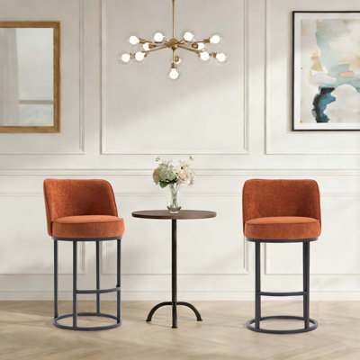 Modern Barrel-Shaped Bar Stool Set of 2,Linen Upholstery,Soft Backrest Design,Iron Frame Bar Chairs,Ideal for Kitchen Islands and Dining Areas