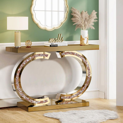 Tea Color Mirrored Console Table With Crushed Diamond Inlay, 39.4'' Long Entryway Sofa Table, Double C-Shaped Base Modern Accent Narrow Table For Living Room, Hallway, Foyer, Entrance