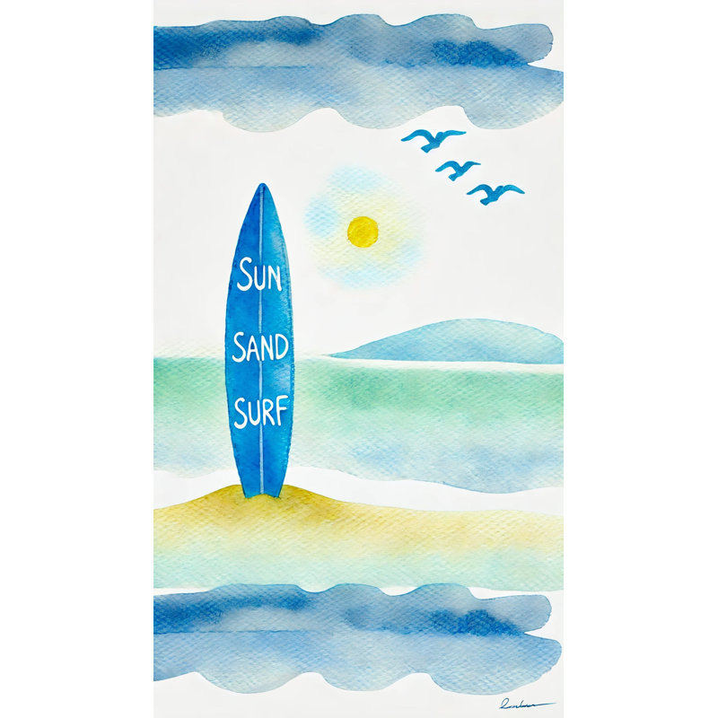 «Sunset Surfboard Beach Scene», reproduction d'art sur toile tendue, H 35 po x l 20 po