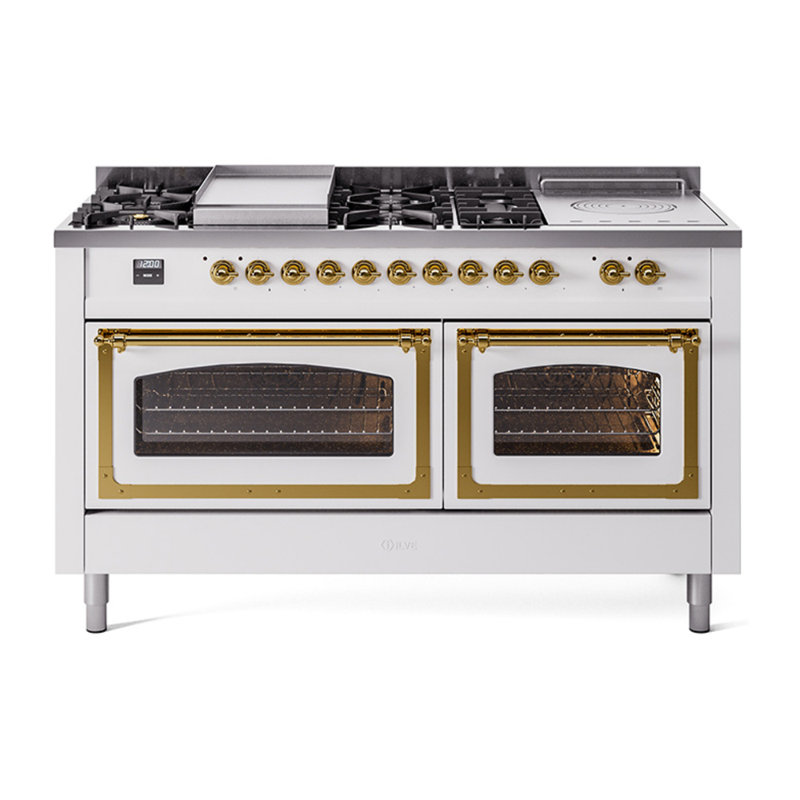 ILVE Nostalgie II Noblesse 60 po à 2 brûleurs, plaque chauffante, plaque de cuisson française, Blanc/laiton, Gaz naturel