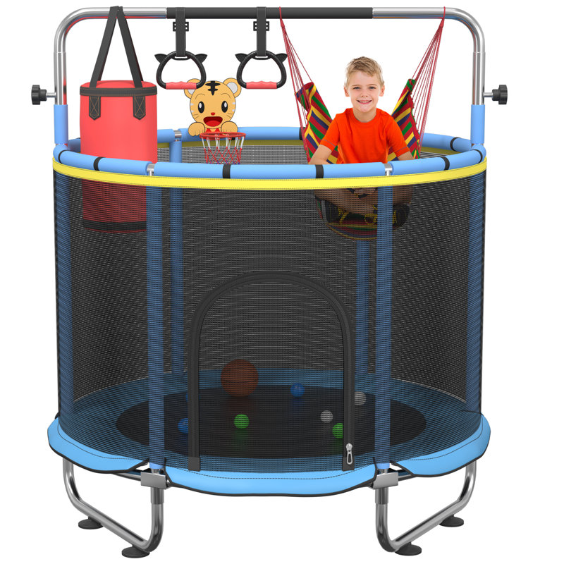 Trampoline multifonctionnel pour enfants | Transat intérieur 60 "| Cadre en acier haute résistance | Capacité de 500 lb | Trampoline de sécurité bleu et noir avec hamac, panier de basketball et sac de boxe