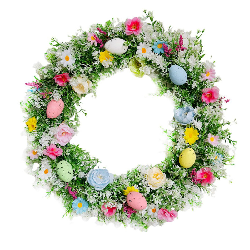 Couronne de Pâques de 18 pouces avec fleurs artificielles printanières, œufs colorés, feuilles d'eucalyptus lavande pour la porte d'entrée