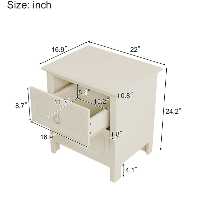 Table de chevet élégante à deux tiroirs avec poignées en métal Kirana