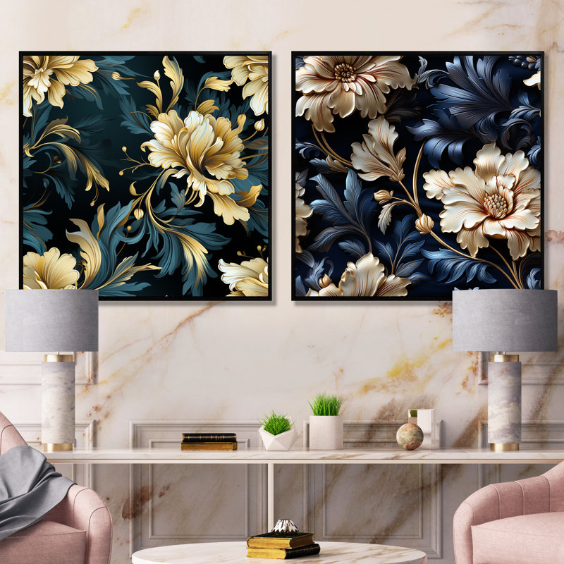 Ensemble de 2 luxueuses fleurs damassées noires et beiges damassées - Botanicals abstraites, Cadre noir