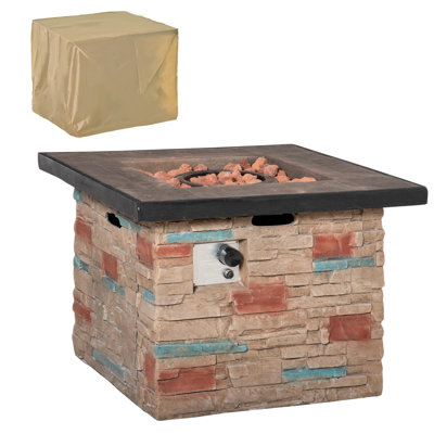 32 Inch Outdoor Propane Gas Fire Pit Table, 50,000 BTU Auto-Ignition Square Faux Ledge Stone Gas Firepit with Lava Rocks and Rain Cover