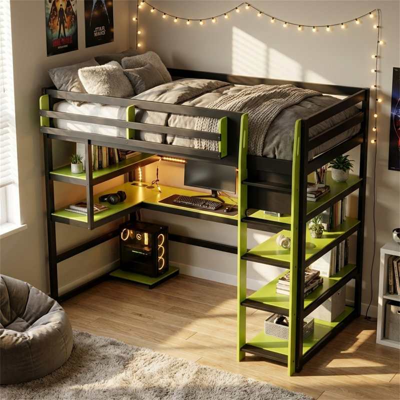 Twin-Size Bed Frame, Loft Bed With Storage, Desk And RGB Light Strip, Black + Green Wooden Bed, Twin, Black/Green