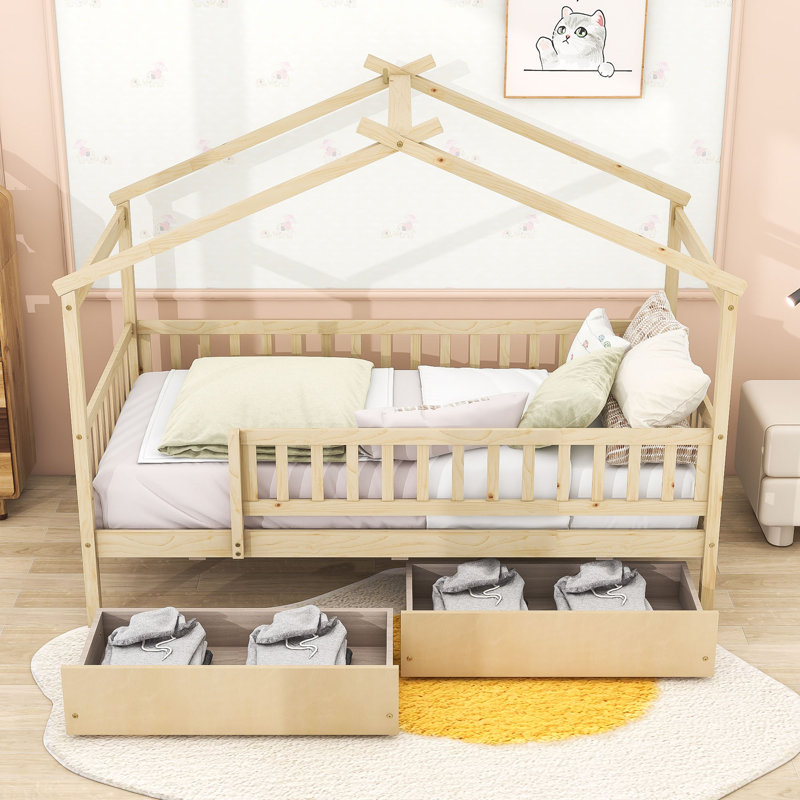 Lit en bois en forme de maison avec tiroirs de rangement pour la chambre à coucher, Naturel, Simple