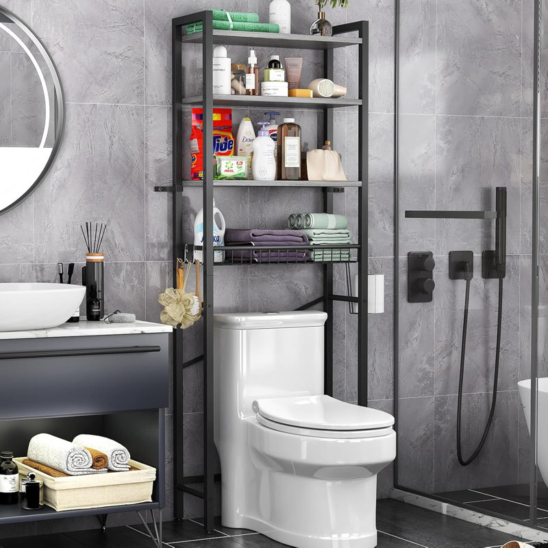 Pure Gray Adjustable Over-the-Toilet 4-Tier Wood Storage Rack