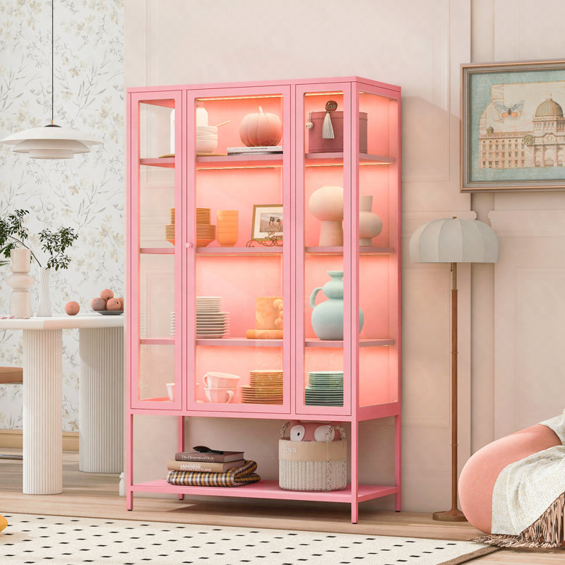 Vitrine 67,3 ", fer, porte en verre, lumières DEL pour objets de collection - rose