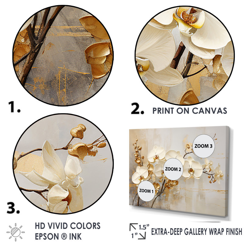 Minimalist Beige and Gold Orchids Canvas Print with Black Frame