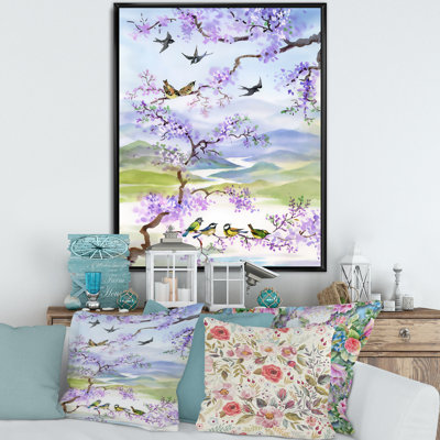 Oiseaux sur une branche de cerisier - cadre flottant, reproduction de dessin sur toile