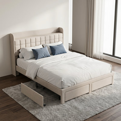 Queen Beige Steel Platform Bed Frame with 2 Storage Drawers, Shelved Upholstered Headboard