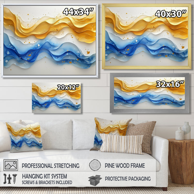 «Blue Yellow Dream Lines I - vagues côtières», art mural, H 12 po x l 20 po, Cadre flottant, Doré