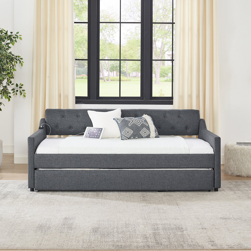 Lit de jour simple rembourré avec lit gigogne simple et charge USB, gris lin, Gris