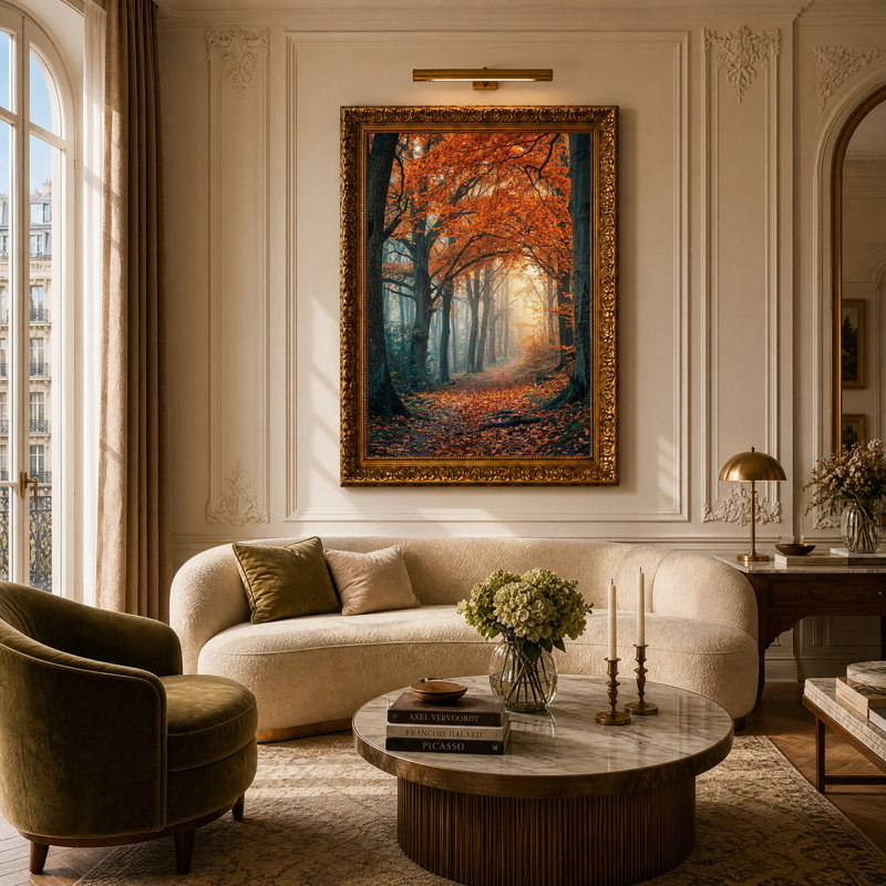 Sentier forestier d'automne ensoleillé avec des feuilles oranges, tableau sur toile, H 24 po x l 16 po