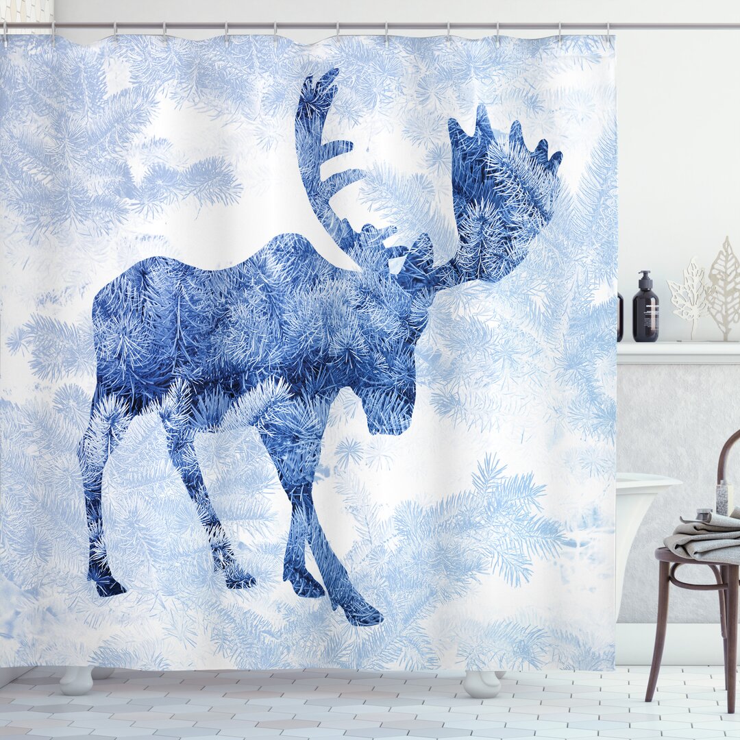 Duschvorhang, Blauer Winter Antlers Baum, Elch, Blau Weiss