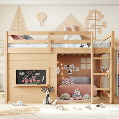 Loft Bed with Playful Sliding Chalkboard, Built-in Bookshelf, and High-Quality Safety Rails for Kids(Without Mattress)