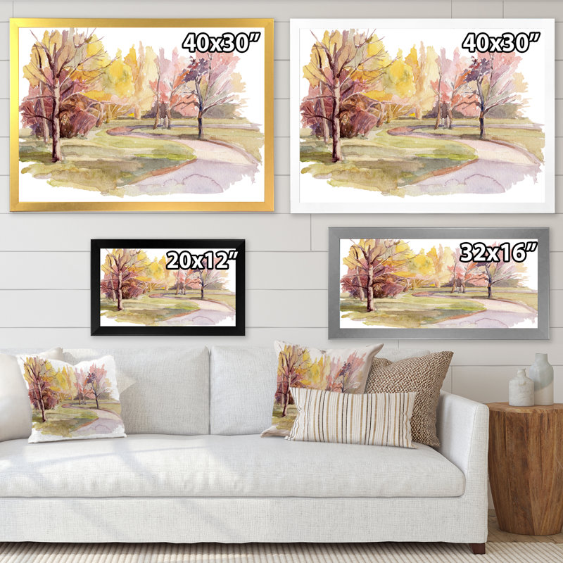 «Park Road with Autumn Trees», reproduction sur toile, H 12 po x l 20 po, Cadre photo blanc