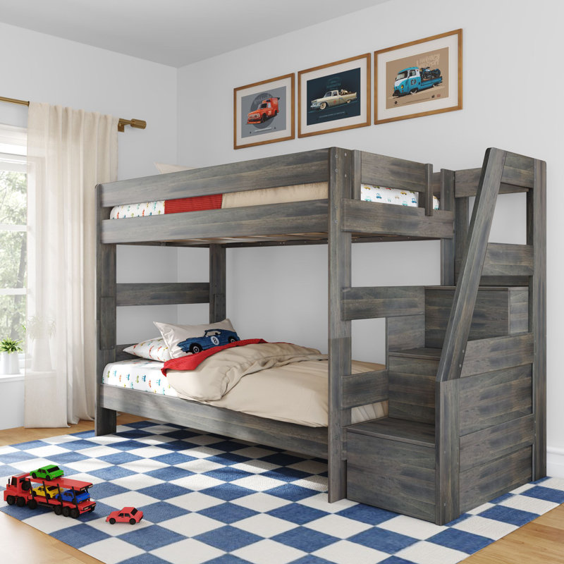 Modern Farmhouse Bunk Bed With Staircase, Driftwood, Twin Over Twin