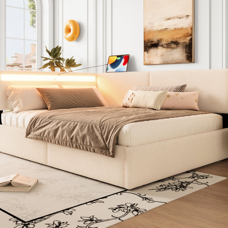 Structure de lit simple tapissier avec tête de lit, 2 tiroirs de rangement, DEL, charge, structure en bois massif, sans sommier, beige, sièges confortables, capitonnage d'inspiration Mid-Century, capacité de 1 200 lb