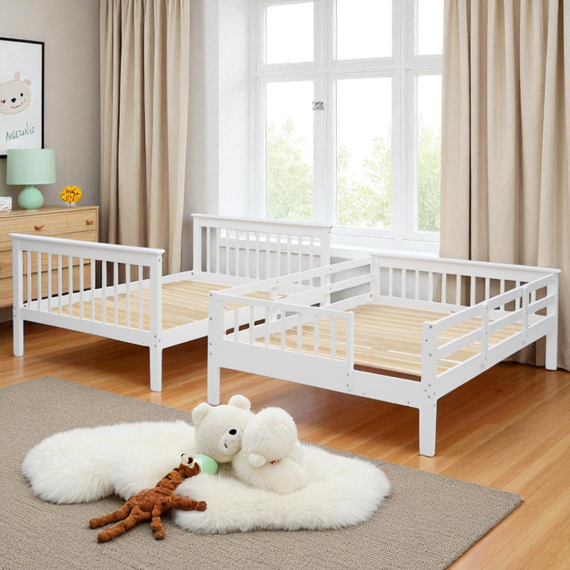 Lit superposé en bois avec escalier de rangement, Double sur double, Blanc
