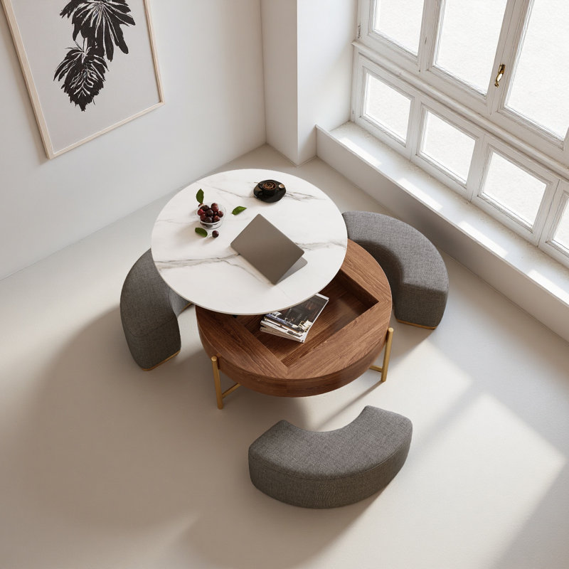 Table basse moderne à plateau relevable avec rangement caché, placage en noyer et plateau en pierre frittée, 3 repose-pieds gigognes rembourrés