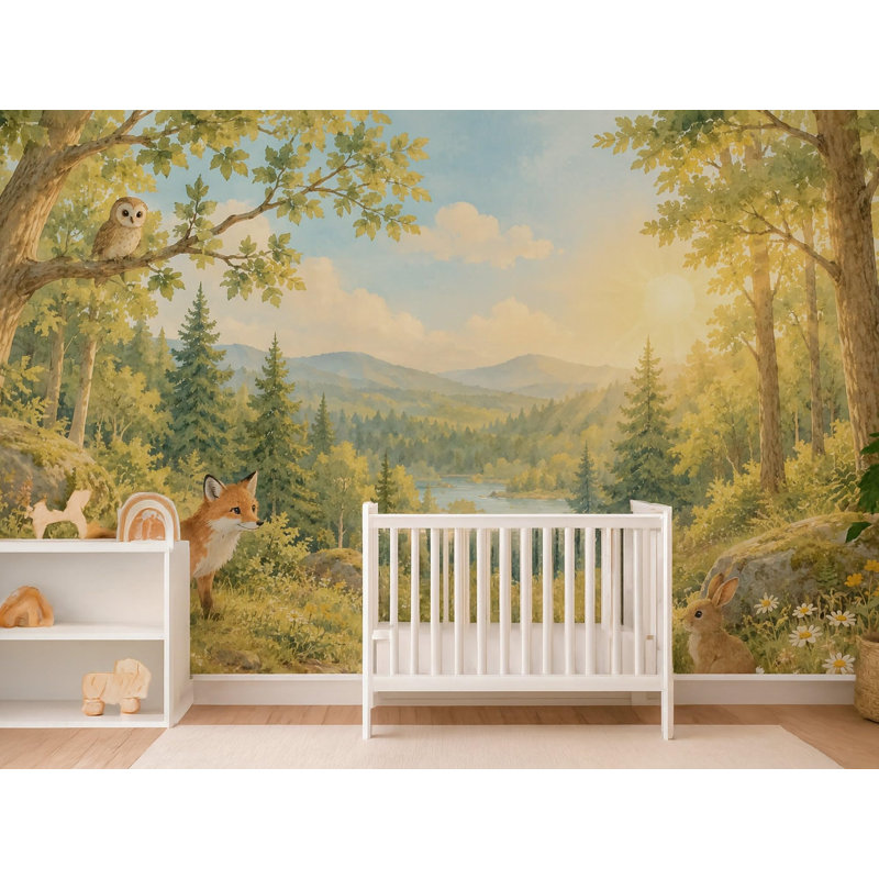 Sunny Forest Wallpaper Mural, Peel and Stick Kids Room Wall Mural, Watercolor Nursery Wallpaper Made to Measure, 305 x 203 cm