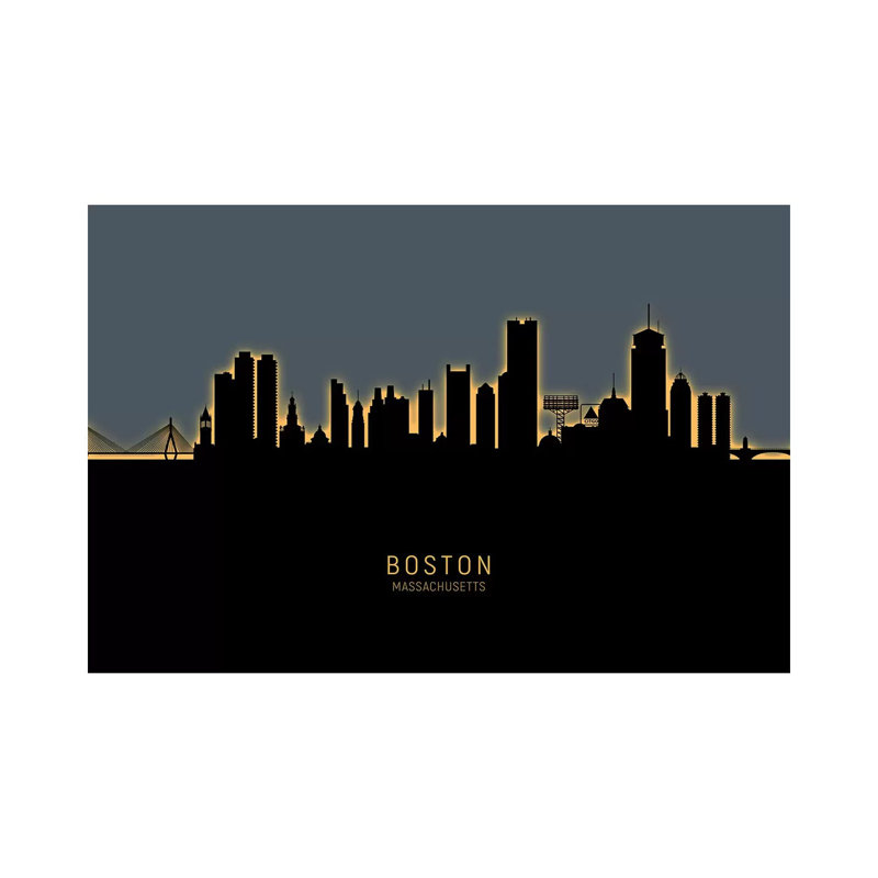 Boston Massachusetts Skyline Glow Orange by Michael Tompsett - 1 Piece Wrapped Canvas Wall Art