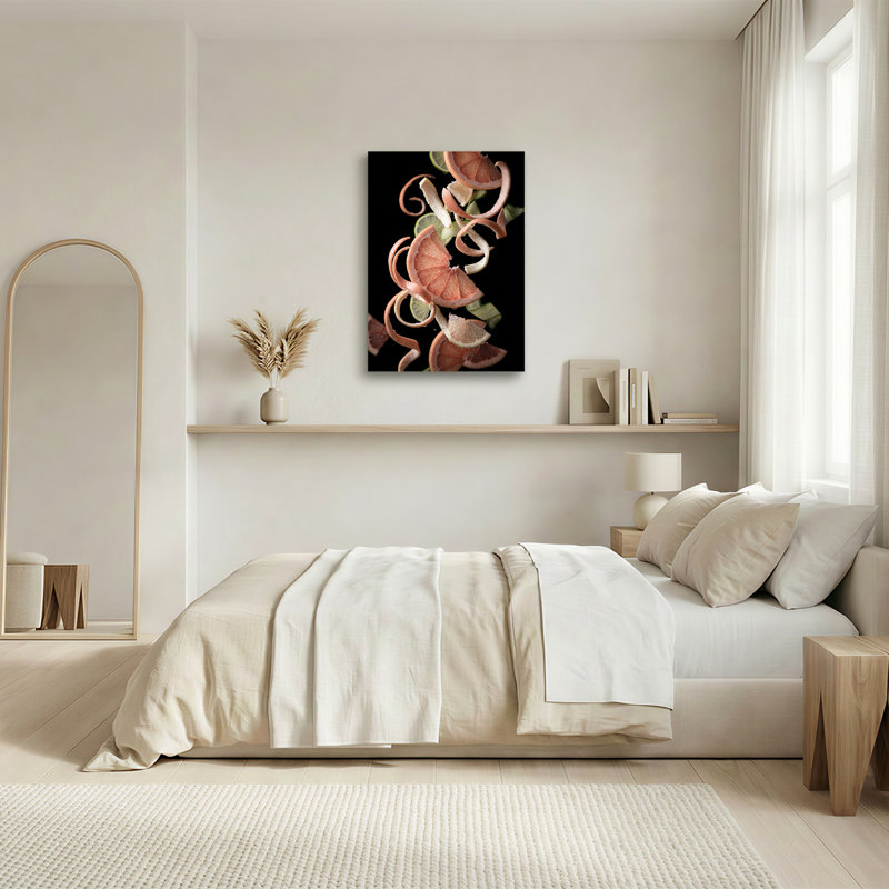 Toile rose sur fond noir, pamplemousse rose et tourbillon de lime, 40"H x 28"W