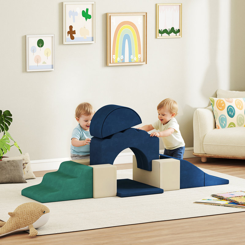 Ensemble de 7 pièces de jeu pour bébé, blocs d'escalade en mousse, bleu marine, Bleu, vert et beige