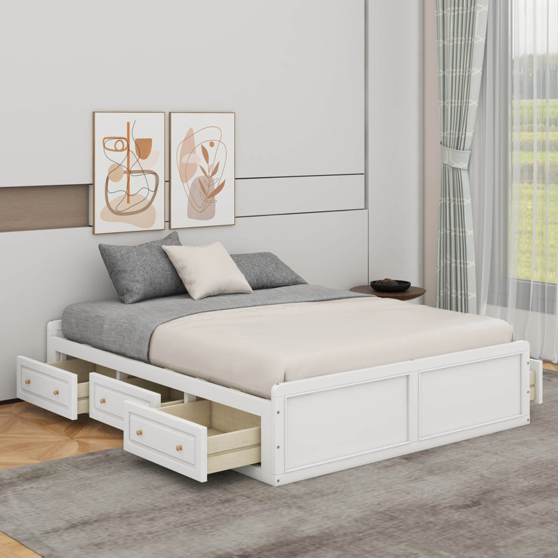 Structure de lit plateforme grand avec 6 tiroirs, Blanc