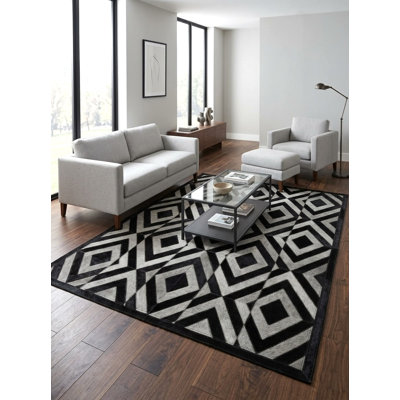 Tapis à motif de losanges concentriques noir et gris HID430A Abani