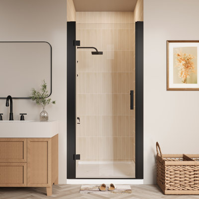 Porte de douche pivotante sans cadre pivotante en noir avec verre transparent