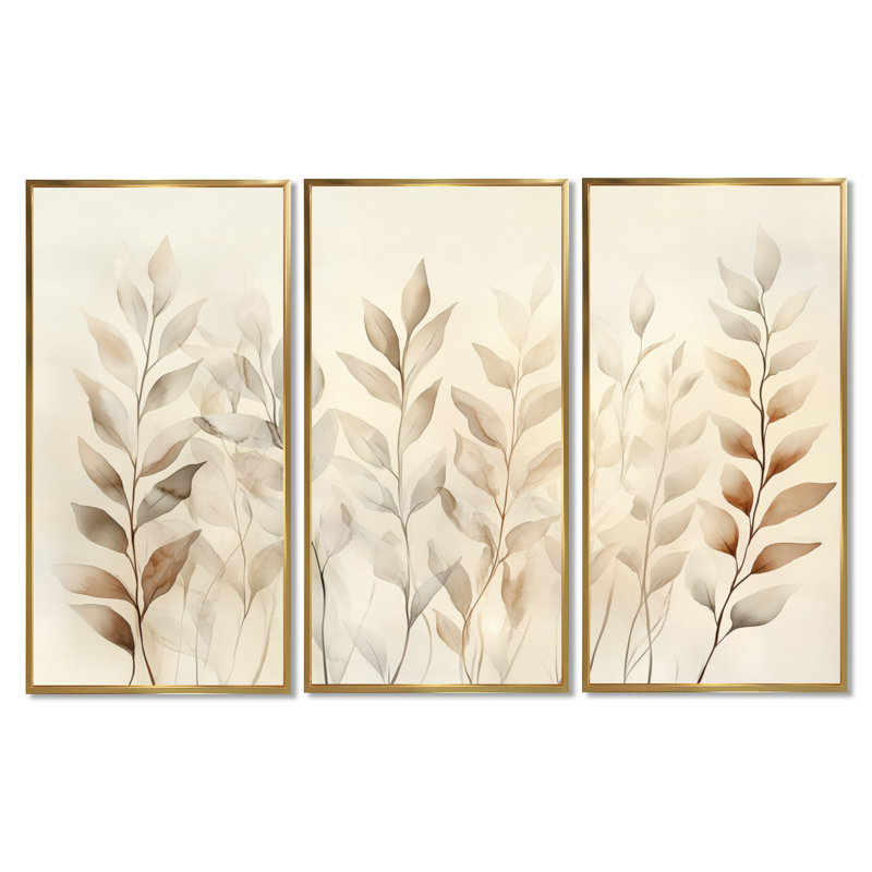 «Brown Autumn Botanical Leaves III - Ivory Nature», art mural encadré à 3 panneaux, H 40 po x l 60 po, Cadre flottant doré