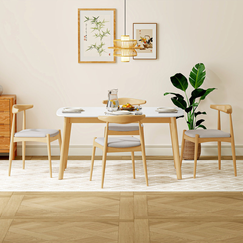 Zaran 5-Piece Rubberwood Dining Set with Upholstered Chairs, White