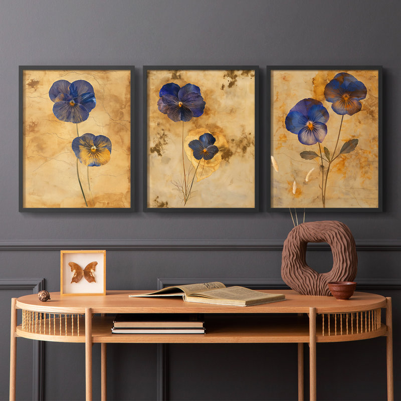 Étude florale, série XX, ensemble de 3 estampes numériques, prêt à accrocher, Noir, noir, noir, noir, H 10 po x l 24 po
