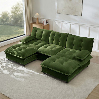 Canapé moderne en forme de U de 107 pouces avec 2 repose-pieds, assise profonde en chenille, coussins confortables en treillis pour les appartements et les chambres