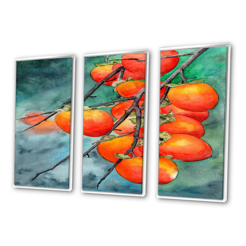 Ripe Persimmons on Branches on Green - 3 pièces, reproduction sur toile, H 20 po x l 36 po x P 1 po, Cadre blanc