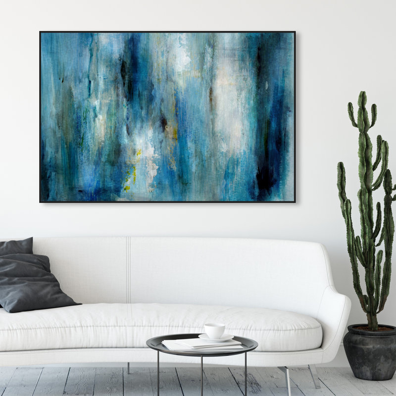 Abstrait bleu abondant / pluie blanche - Impression sur toile, Cadre flottant noir, H 36 po x l 54 po