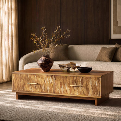 Table basse moderne à profil bas avec placage géométrique artisanal et rangement Estelle