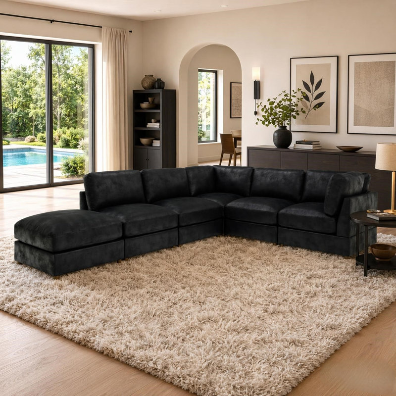 Canapé modulaire en velours côtelé Archmouth, Black Faux Leather, 34" H x 131" W x 168" D