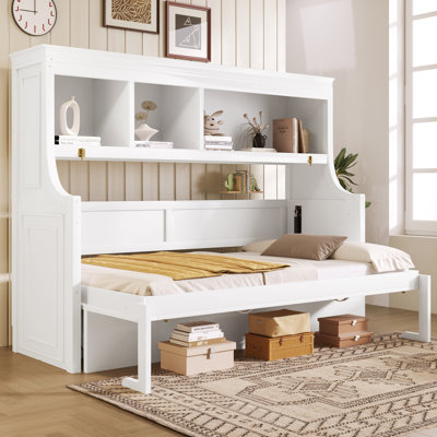 Twin Size Murphy Bed with Fold-Down Desk & Storage Shelves, Space-Saving Wall Bed for Home Office & Guest Room, White by Latitude Run