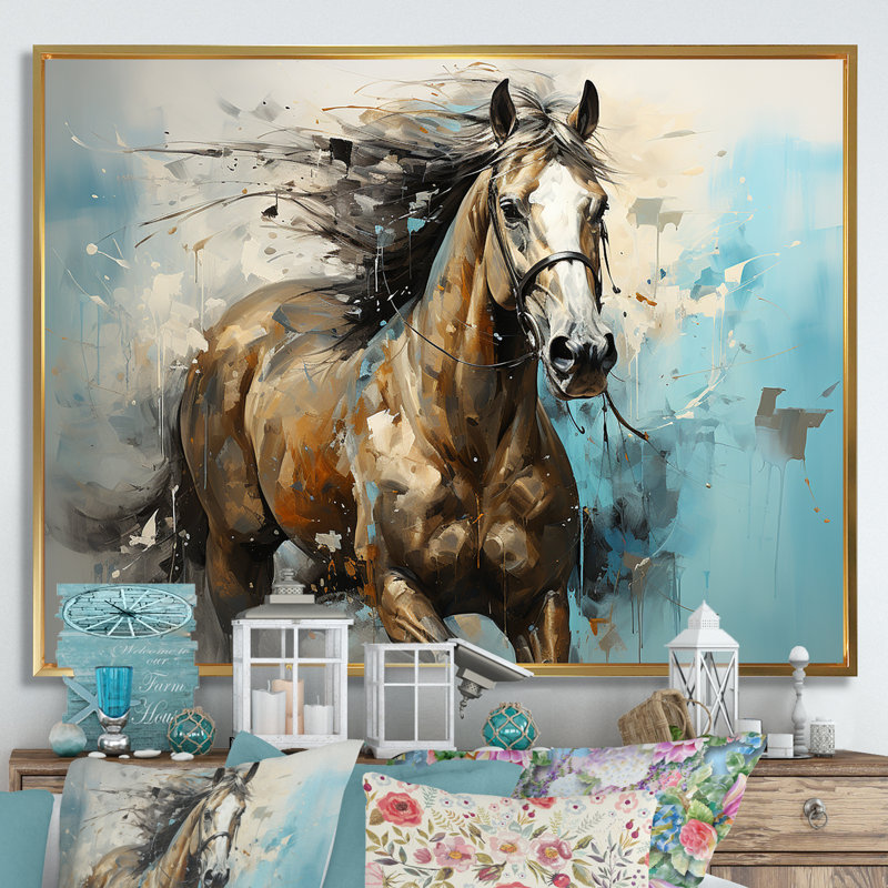 Cheval galopant fantaisiste - cheval, art mural, H 34 po x l 44 po x P 1,5 po, Cadre flottant doré