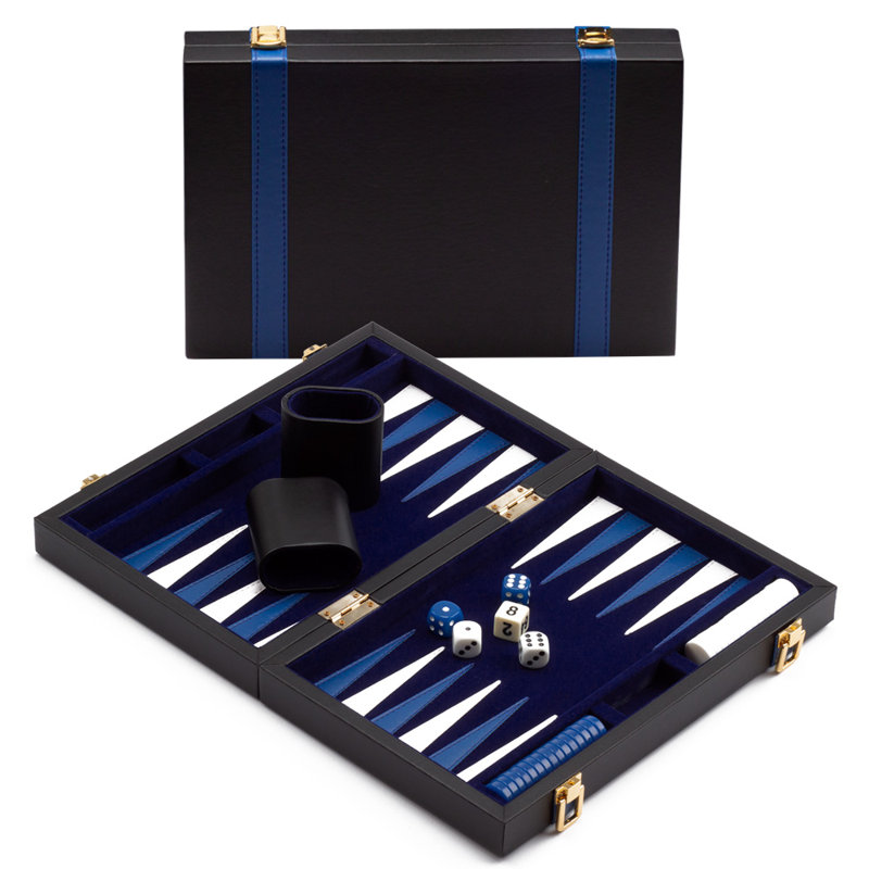 Jeu de backgammon en cuir, S, Bleu et noir